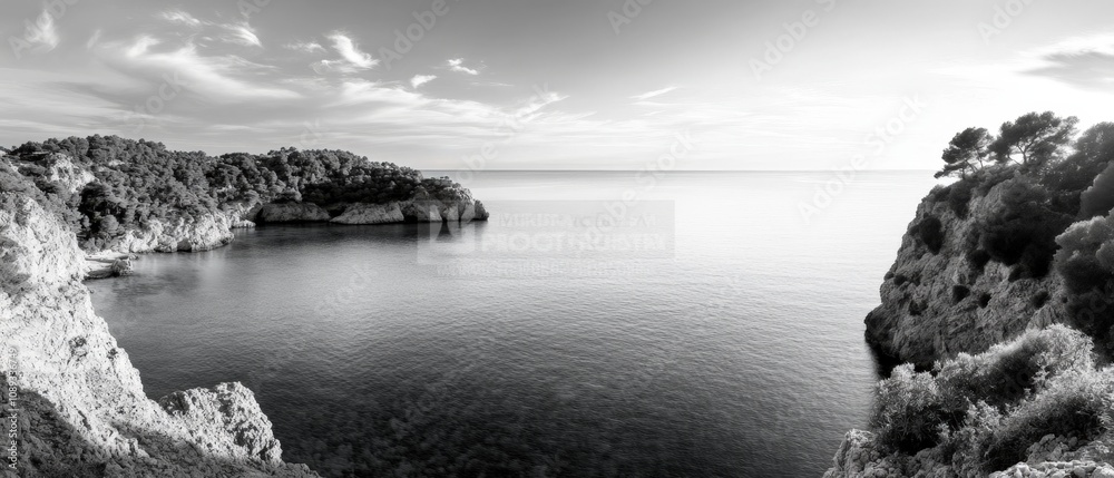 Fototapeta premium serene coastal landscape in black and white with calm waters and rocky cliffs