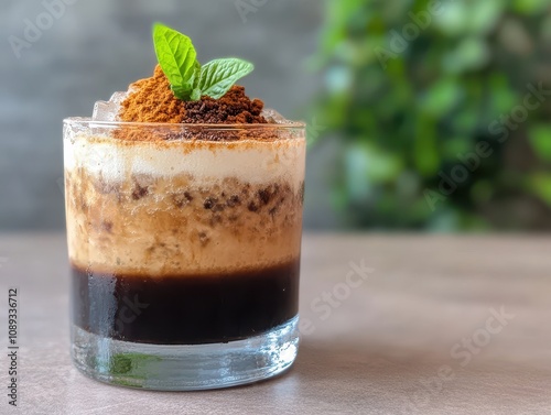 Refreshing Iced Coffee Beverage with Local Timorese Ingredients, Showcasing Rich Layers of Coffee, Cream, and Aromatic Toppings for a Unique Experience photo