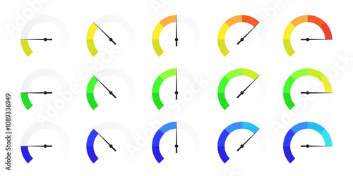 set of gauge meter icons. speedometer, tachymeter, percentage, scale dial gauges