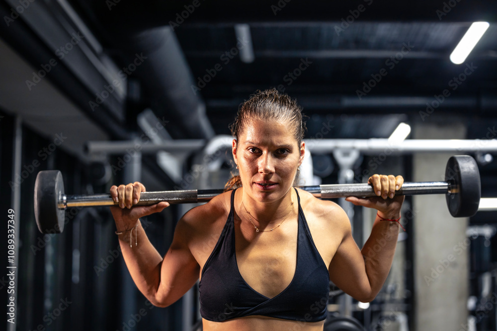 Close up view of female athlete holding barbell weights and doing weightlifting. Close up view of female athlete holding barbell weights and doing weightlifting.