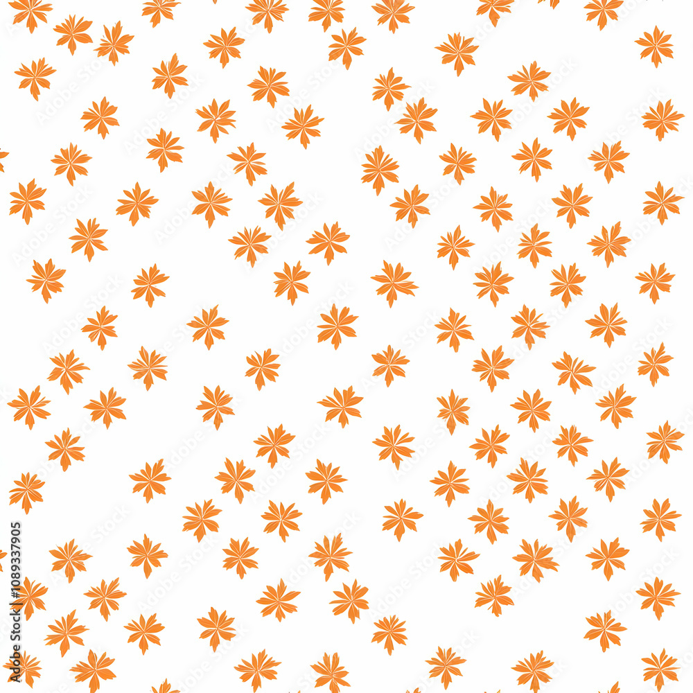 Scattered orange stylized flower pattern on white background.
