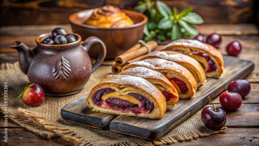 Sweet Pastry Rolls with Cherry Filling, Powdered Sugar and Cinnamon Sticks, Served on a Wooden Cutting Board Surrounded by Cherries Sweet Pastry Rolls with Cherry Filling, Powdered Sugar and Cinnamon Sticks, Served on a Wooden Cutting Board Surrounded by Cherries