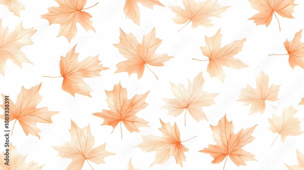 Seamless pattern of delicate, translucent peach-colored maple leaves on a white background. Seamless pattern of delicate, translucent peach-colored maple leaves on a white background.