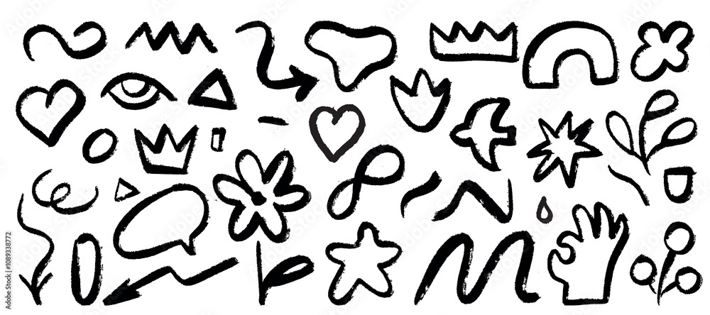 A whimsical and childish collection of design elements, reminiscent of the drawings in a sketchbook. Expressive doodle elements of different shapes. A whimsical and childish collection of design elements, reminiscent of the drawings in a sketchbook. Expressive doodle elements of different shapes.