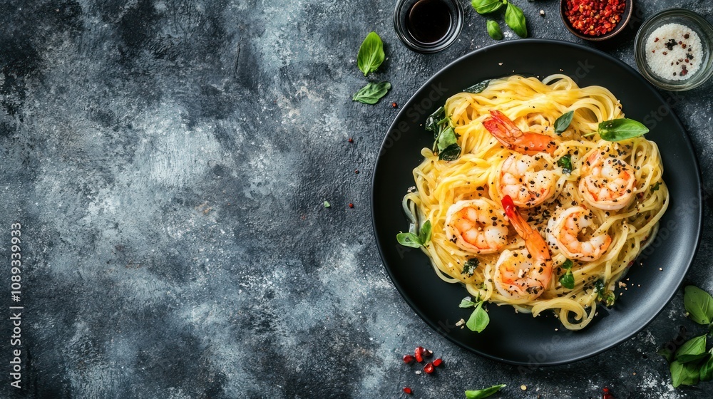 A delicious plate of shrimp pasta garnished with herbs and spices. A delicious plate of shrimp pasta garnished with herbs and spices.