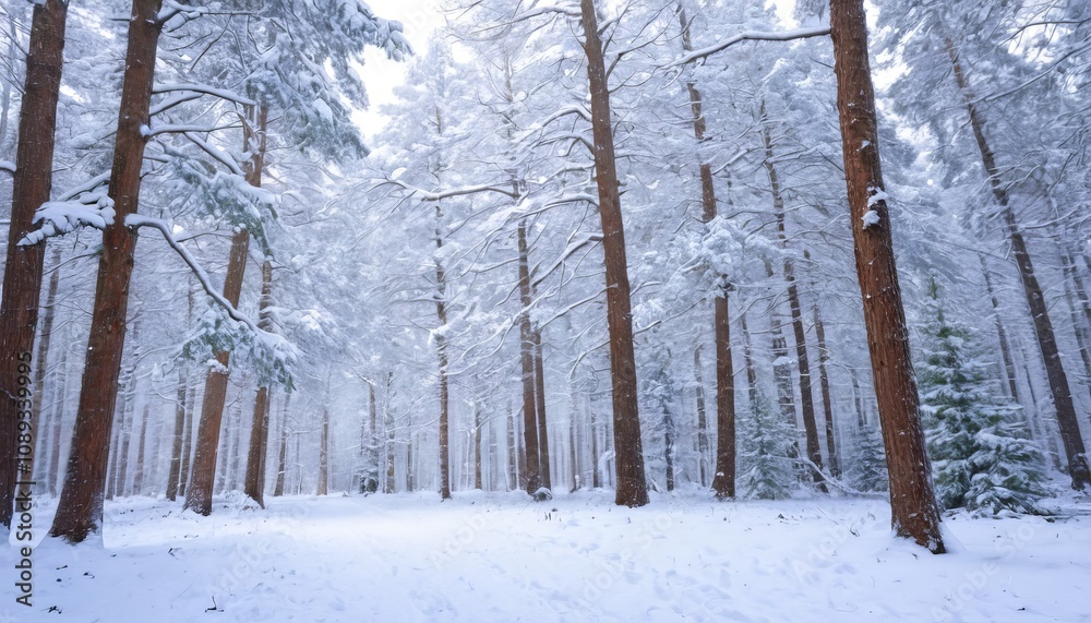 Fototapeta premium Serene winter forest with snow-covered pine trees under a clear sky