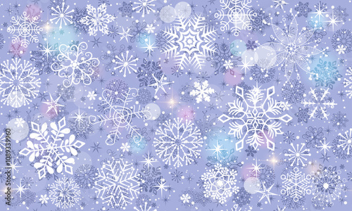 Vector festive gentle seamless Christmas pattern with lace snowflakes and stars. Bokeh