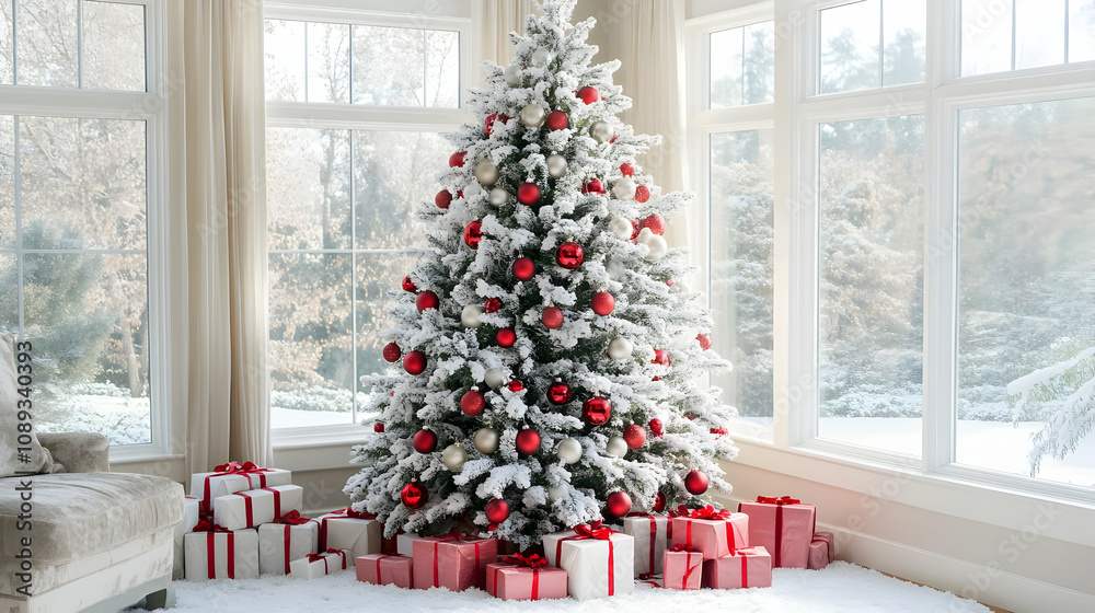 Snow-covered Christmas tree with red and white ornaments and gifts sits in a sunlit room near a large window. Snow-covered Christmas tree with red and white ornaments and gifts sits in a sunlit room near a large window.