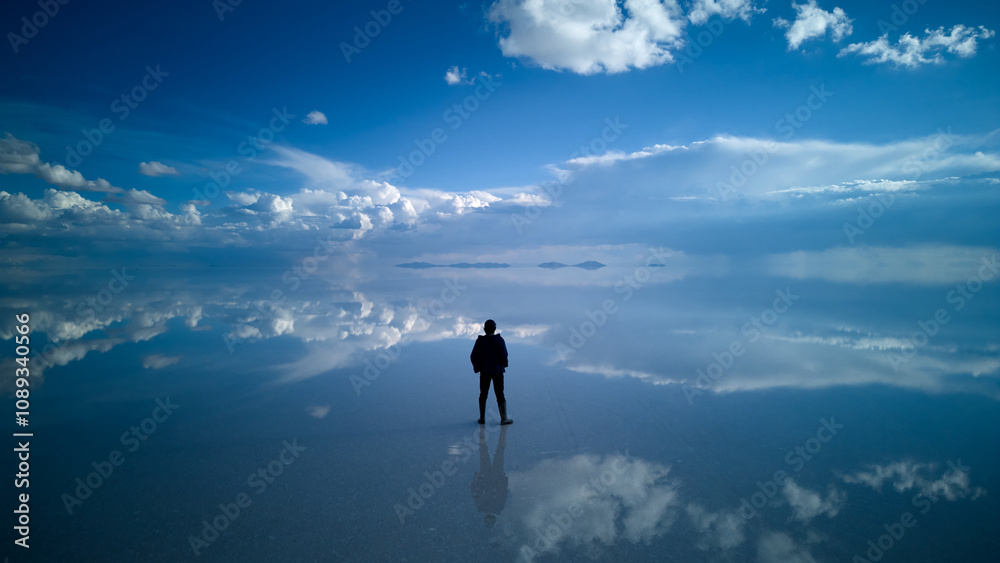 Lone Figure Under the Blue Sky at Uyuni Salt Flats Lone Figure Under the Blue Sky at Uyuni Salt Flats