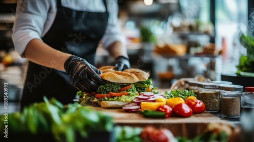 Grocery store deli employee prepares sandwiches and salads for deli counter, with a blurred background