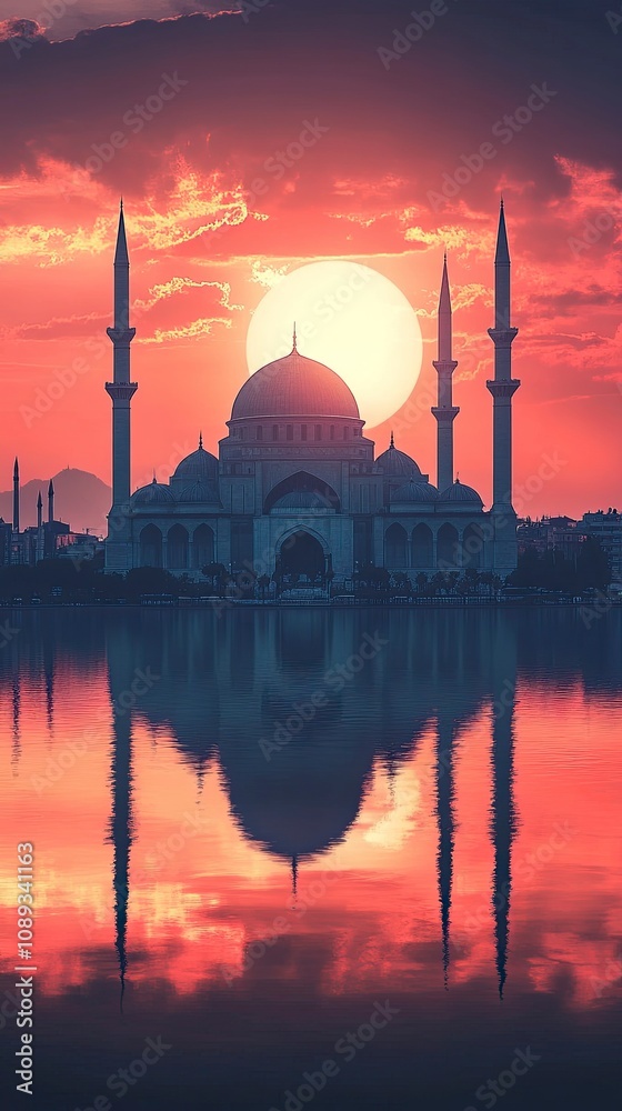 Fototapeta premium Ramadan kareem eid mubarak mosque in evening with sun light background generative ai