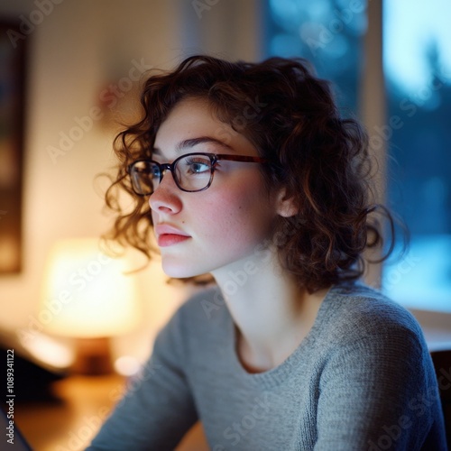 young woman working on a laptop in a cozy indoor setting