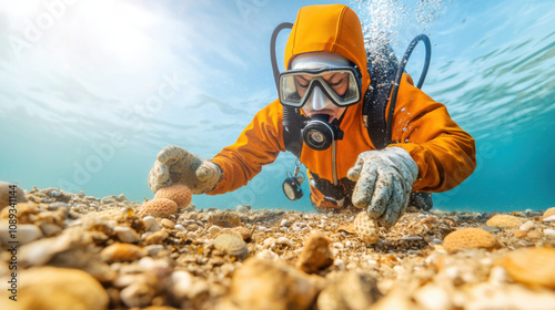 Worker effort and benefits concept. Diver collecting marine samples underwater in vibrant ocean scene photo