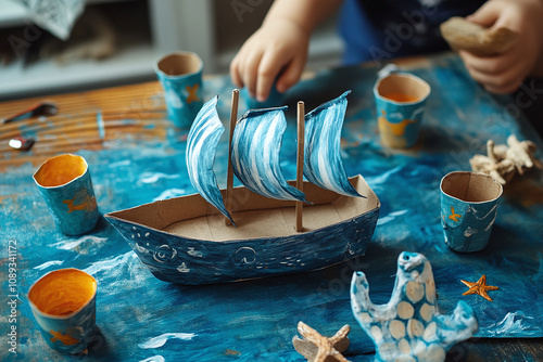 Creative nautical playtime with handcrafted cardboard vessel, painted ocean scene. photo