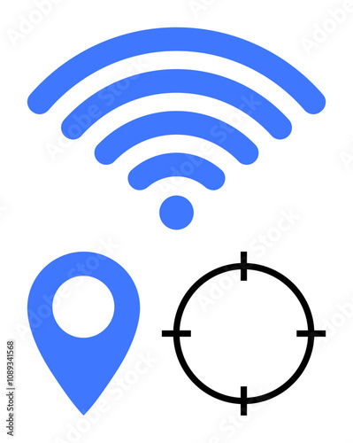Blue wireless signal, location pin, and black target icon represent connectivity, navigation, and precision. Ideal for tech applications, GPS services, wireless communication, travel mapping target