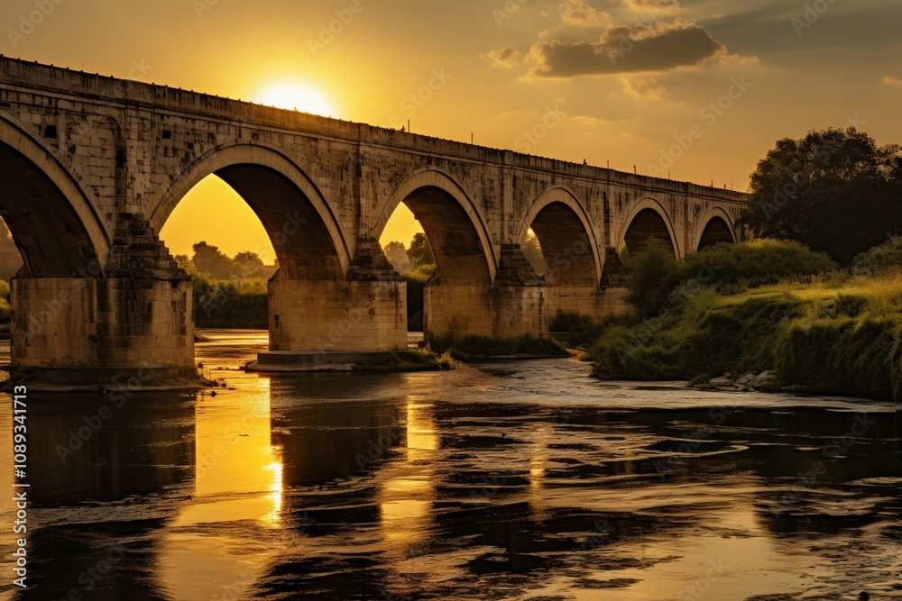 Fototapeta premium Ancient roman stone arches bridge crossing river, iconic historic roman architecture