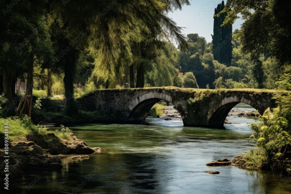 Ancient roman stone arched bridge spanning river, showcasing historic roman architecture Ancient roman stone arched bridge spanning river, showcasing historic roman architecture