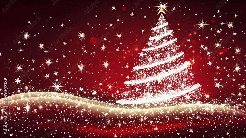 Sparkling Christmas tree design on a red background with a gold star on top. Sparkling Christmas tree design on a red background with a gold star on top.