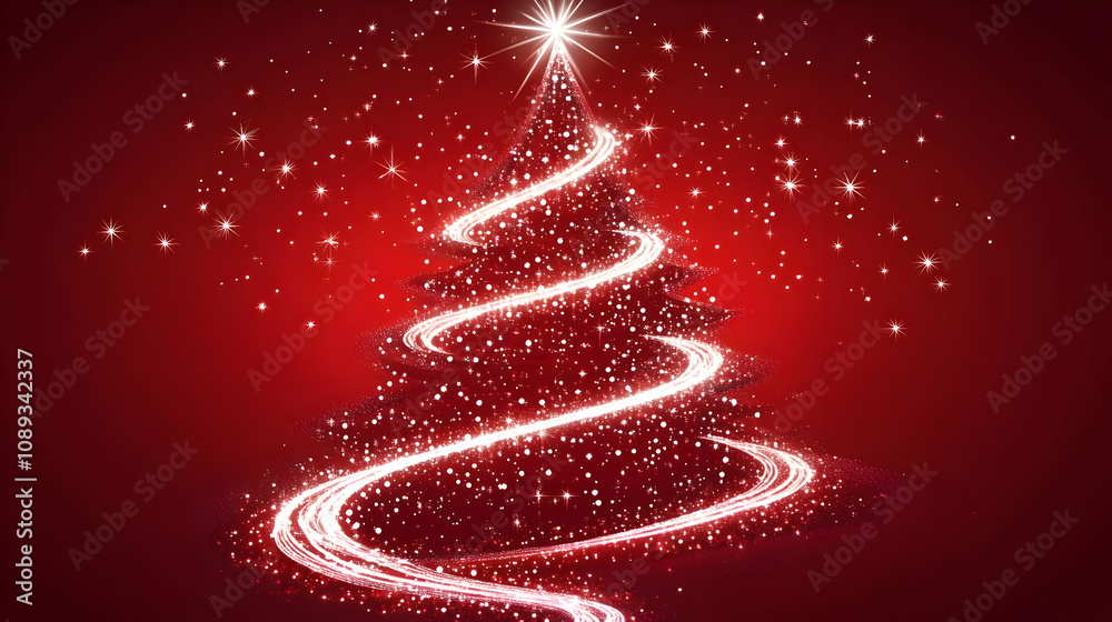 Sparkling Christmas tree design on red background with white lights and glitter. Sparkling Christmas tree design on red background with white lights and glitter.