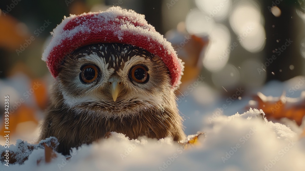 Adorable owl wearing a red hat in a snowy landscape Adorable owl wearing a red hat in a snowy landscape