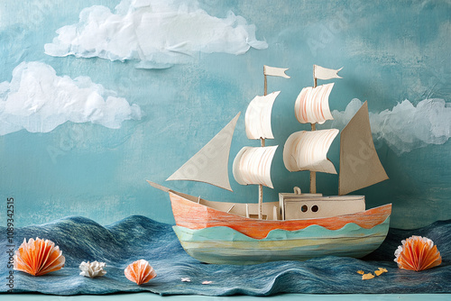 Creative nautical playtime with handcrafted cardboard vessel, painted ocean scene. photo