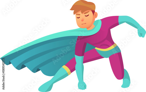 Determined superhero in a vibrant pink and turquoise costume kneels with a fluttering cape, symbolizing protection, justice, and hope