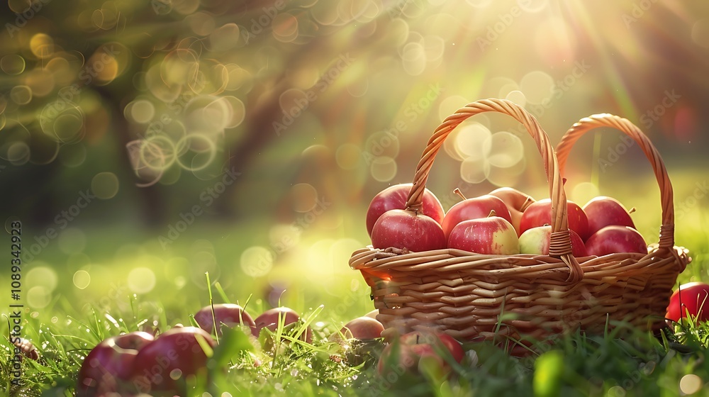 A basket filled with red and green apples on grass, illuminated by sunlight, creating a warm, inviting atmosphere.