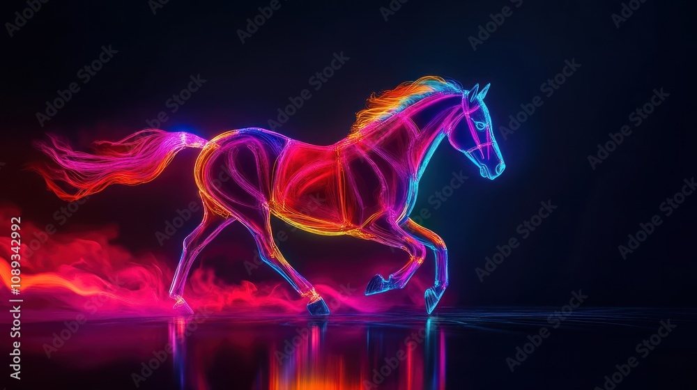 A vibrant, neon-lit horse in motion against a dark background, showcasing artistic creativity. A vibrant, neon-lit horse in motion against a dark background, showcasing artistic creativity.