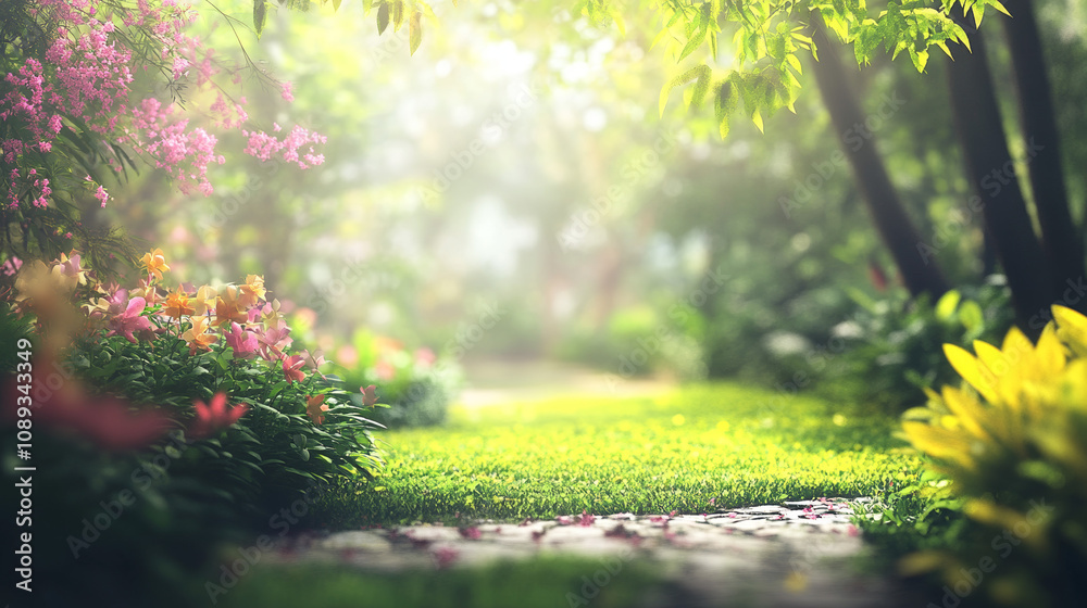 Tranquil Garden Path: Pink and Yellow Flowers, Lush Greenery, Peaceful Background Tranquil Garden Path: Pink and Yellow Flowers, Lush Greenery, Peaceful Background