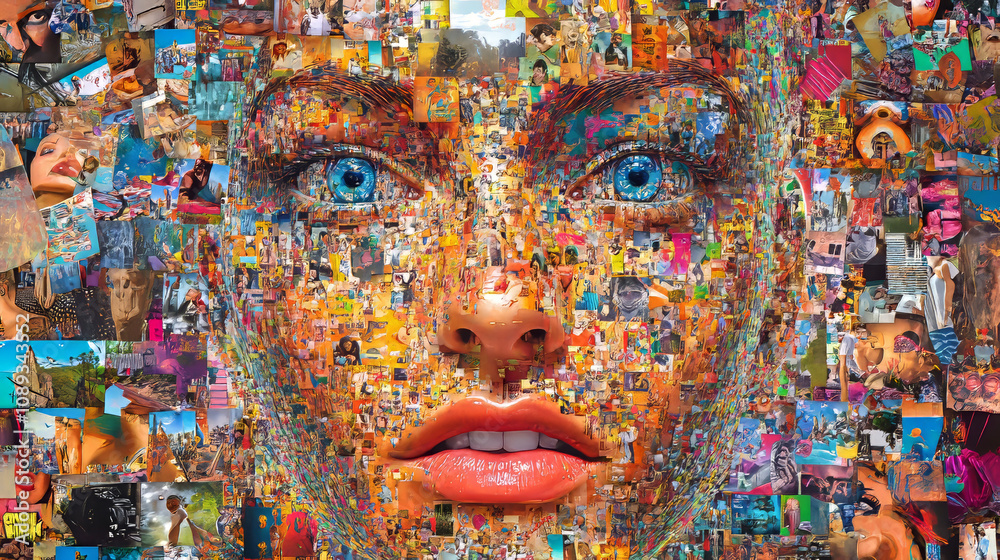 Fototapeta premium Mosaic Portrait: Hyperrealistic Collage, Colorful, Expressive Face