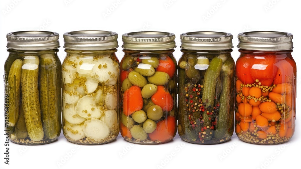 Flat-lay of colorful pickled vegetables in clear jars, set against a white background, emphasizing vibrant produce. Flat-lay of colorful pickled vegetables in clear jars, set against a white background, emphasizing vibrant produce.