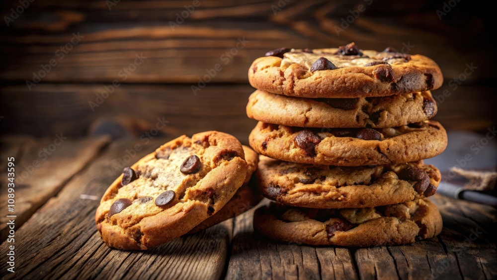 A stack of freshly baked chocolate chip cookies on a rustic wooden background, ready to satisfy a sweet craving. A stack of freshly baked chocolate chip cookies on a rustic wooden background, ready to satisfy a sweet craving.