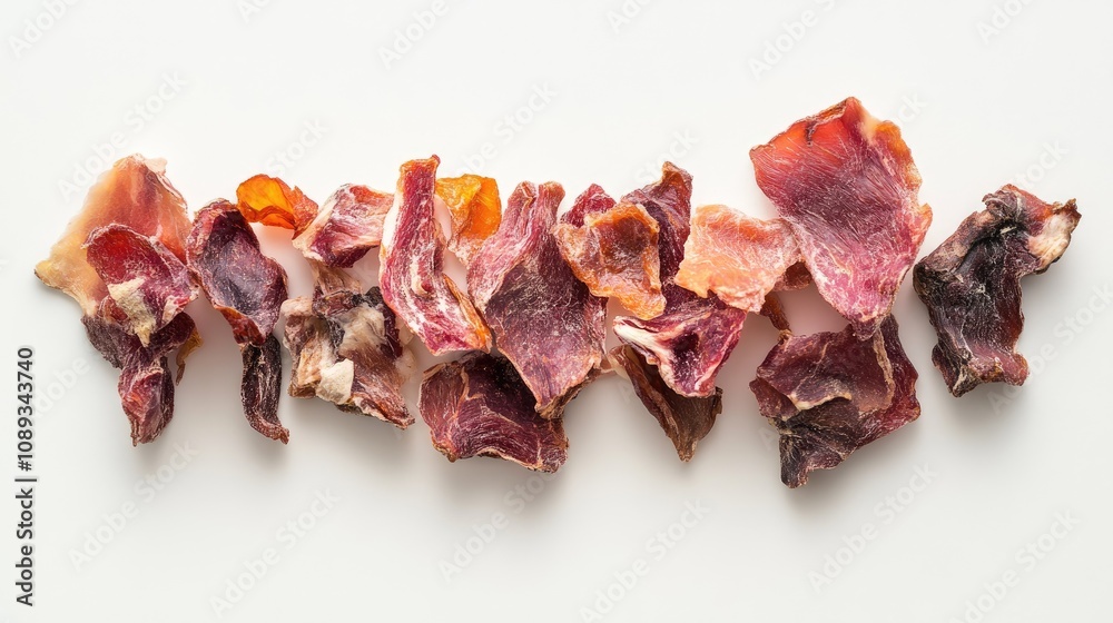 Flat-lay of dried meat pieces on a white backdrop, arranged in a way that highlights each piece's unique shape and texture. Flat-lay of dried meat pieces on a white backdrop, arranged in a way that highlights each piece's unique shape and texture.