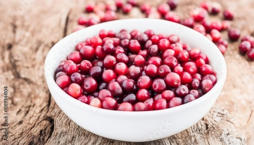 Fresh cranberries in a white bowl placed on rustic wooden boards. AI generated.