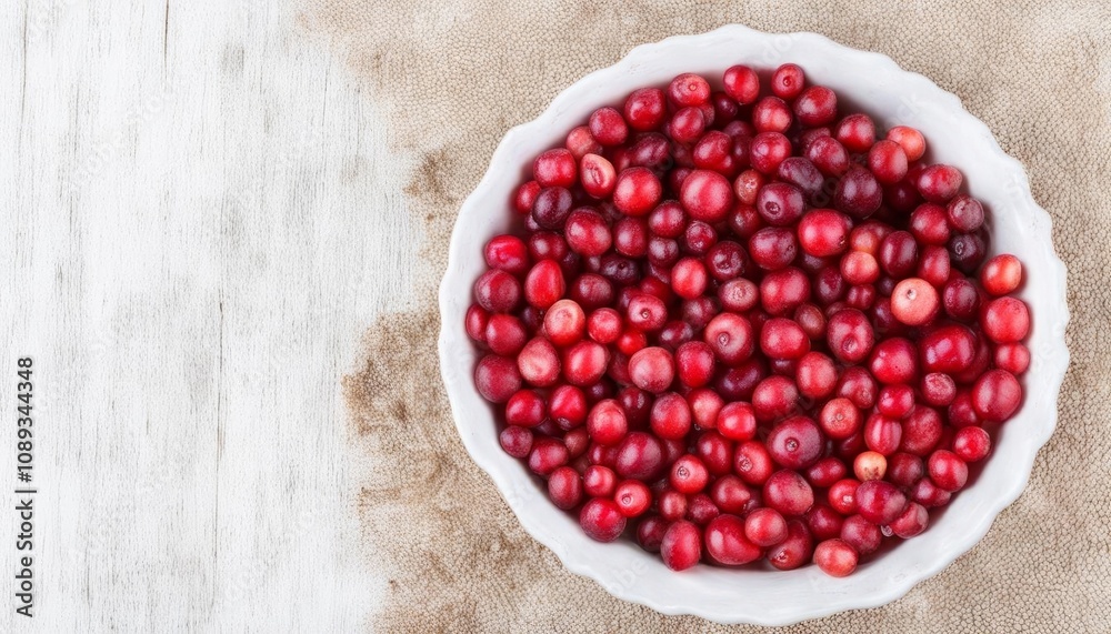 Fresh cranberries in a white bowl placed on rustic wooden boards. AI generated. Fresh cranberries in a white bowl placed on rustic wooden boards. AI generated.