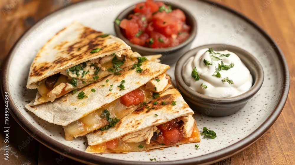 A close up of a plate of chicken quesadillas topped with sour cream and cilantro. A close up of a plate of chicken quesadillas topped with sour cream and cilantro.