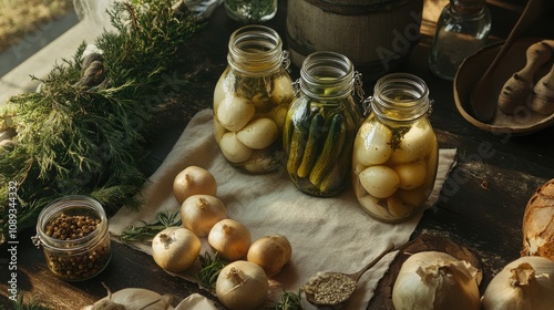 Flat-lay of jars filled with pickled vegetables on a rustic linen cloth, showcasing seasonal produce and artisan food practices.