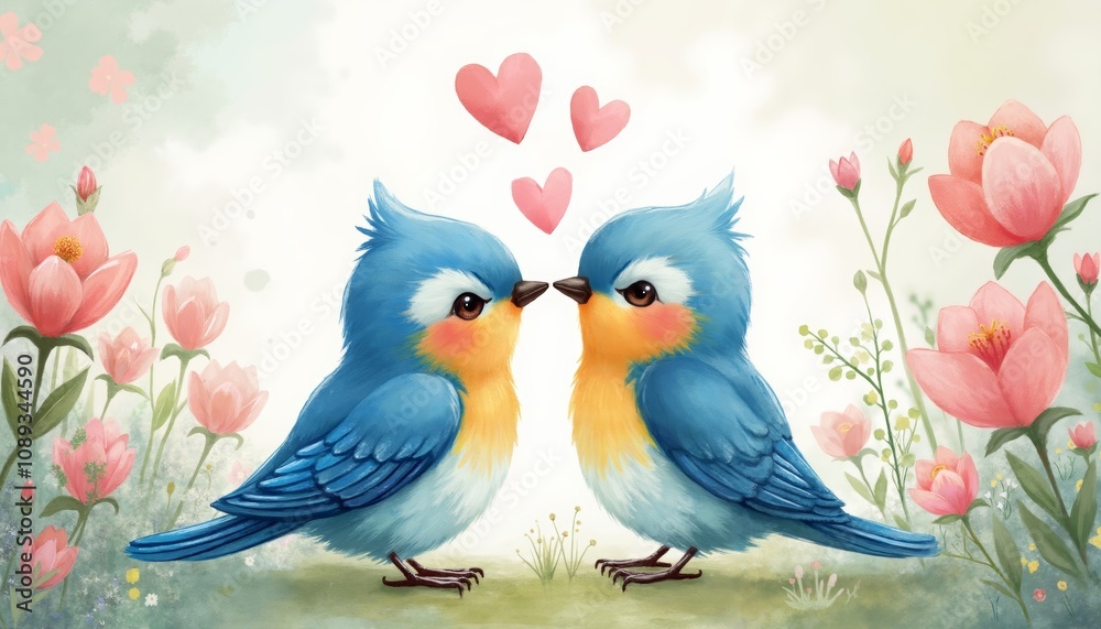 Obraz premium Charming Watercolor Illustration of Two Bluebirds Sharing a Kiss