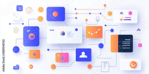 organization business pattern. Modern digital interface featuring colorful charts, graphs, and data visualizations interconnected by lines, representing analytics and information flow.