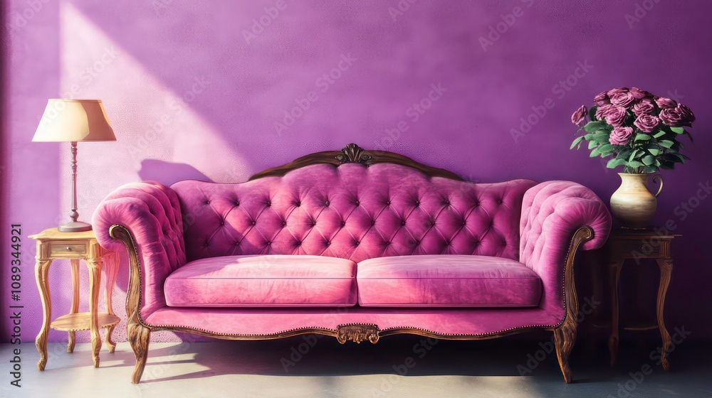 A pinkish loveseat is placed opposite of a purple walls A pinkish loveseat is placed opposite of a purple walls