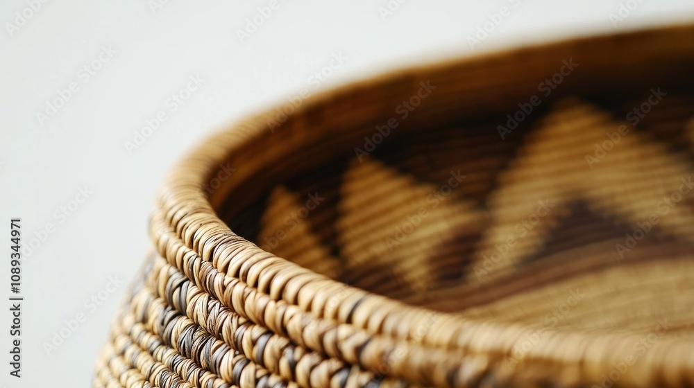 A close-up of a finely crafted Australian Aboriginal basket with traditional patterns