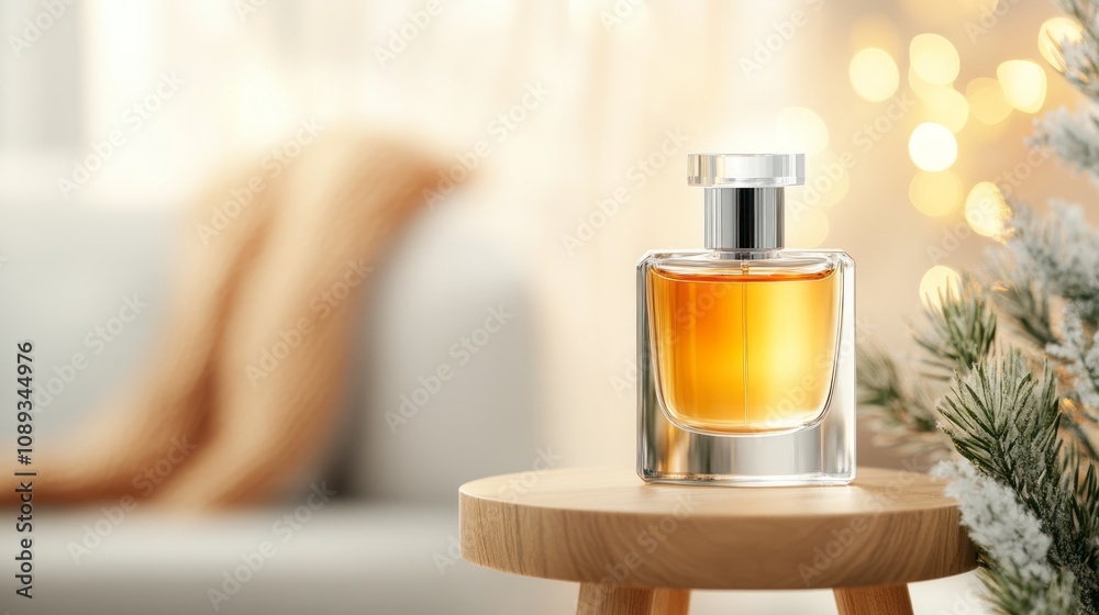 A stylish perfume bottle sits on a wooden table, surrounded by cozy decor, creating a warm and inviting atmosphere. A stylish perfume bottle sits on a wooden table, surrounded by cozy decor, creating a warm and inviting atmosphere.
