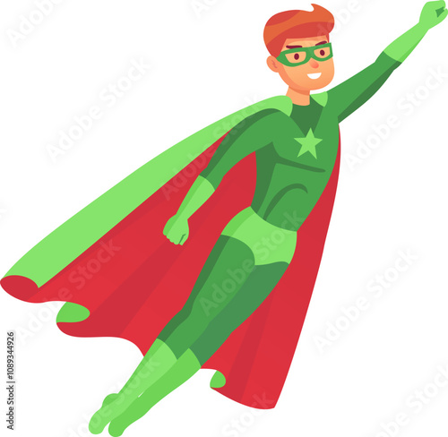 Confident superhero wearing green costume with star and red cape flying upwards with arm outstretched, demonstrating power, courage, and heroism