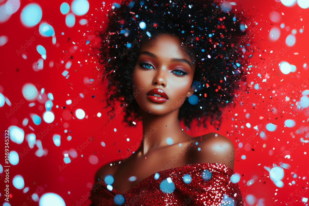 Happy African woman with confetti on a red background, holiday concept Happy African woman with confetti on a red background, holiday concept