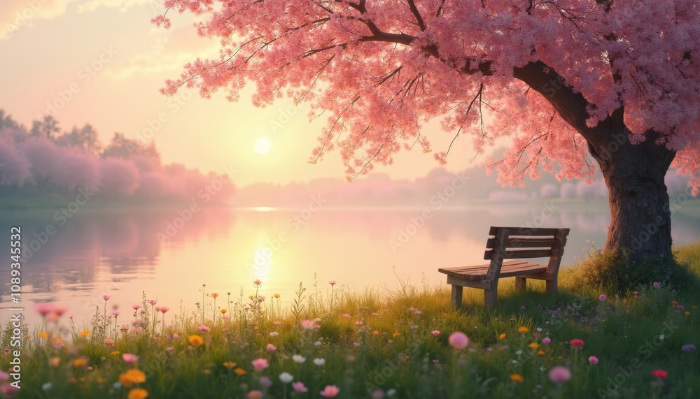 Fototapeta premium Serene Sunrise Over Tranquil Lake with Wildflowers and Bench.