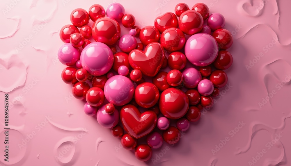 Vibrant Heart-Shaped Composition of Glossy Red and Pink Spheres Vibrant Heart-Shaped Composition of Glossy Red and Pink Spheres
