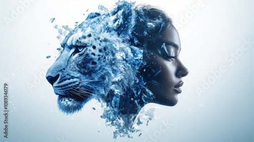 A captivating blend of a lion and a woman's face, symbolizing strength and beauty, intertwined with water elements in an artistic representation.