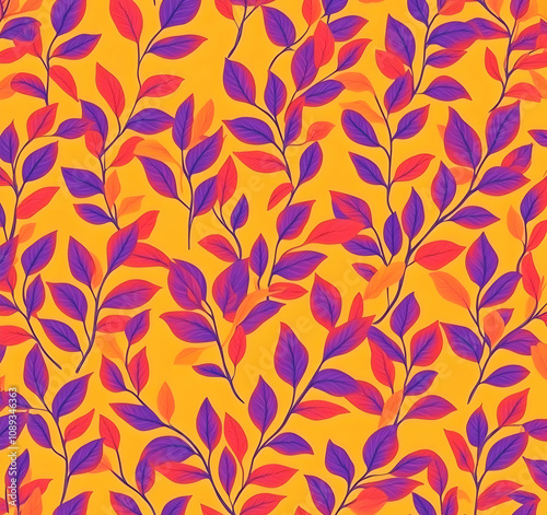 Wallpaper Mural Vibrant purple and red leaves on a yellow background. A seamless pattern ideal for textile, wallpaper, or fashion design. Torontodigital.ca