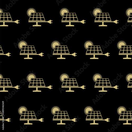 Solar energy panel icon isolated seamless pattern on black background