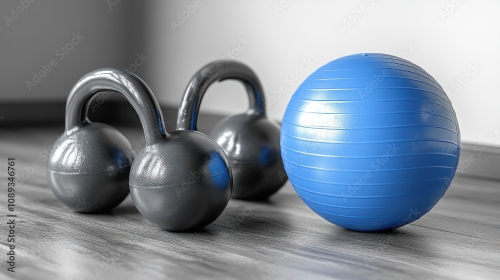 Gray dumbbells and blue exercise ball on wood floor. Gray dumbbells and blue exercise ball on wood floor.